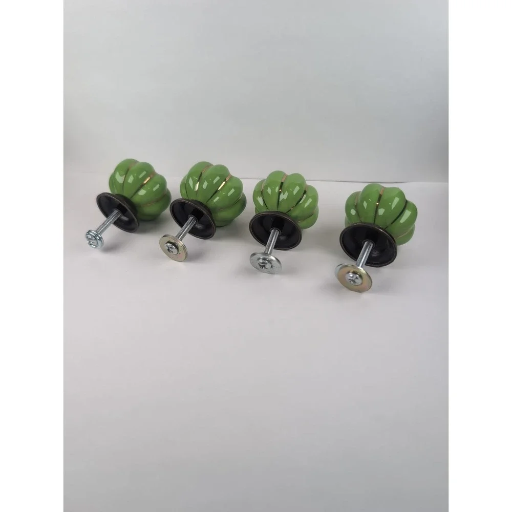 Set of 4 Green W/Gold Enameled Drawer Pull Knobs Ceramic/Porcelain